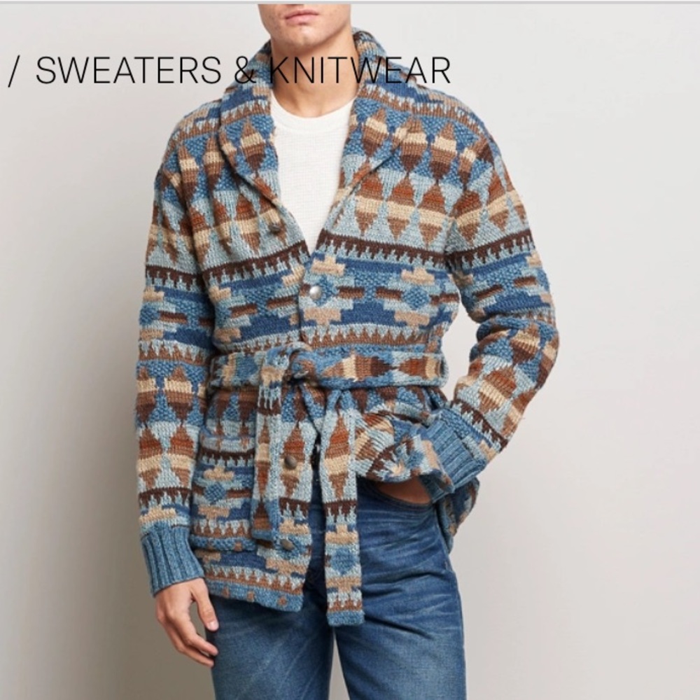 RRL Ralph Lauren Cardigan Hand Knit Blue Indigo Linen Wool Ranch Belt Size S NEW